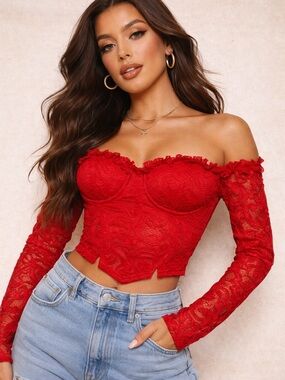 PrettyLittleThing Red Lace Off-Shoulder Bustier Crop Top